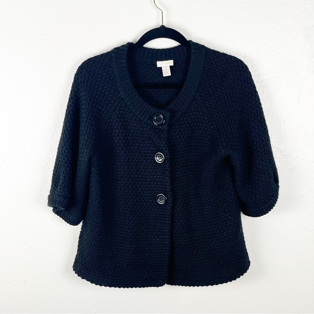 CHICO’S Black Knit Wool Blend 3/4 Sleeves Large Buttons Cardigan, Size Medium